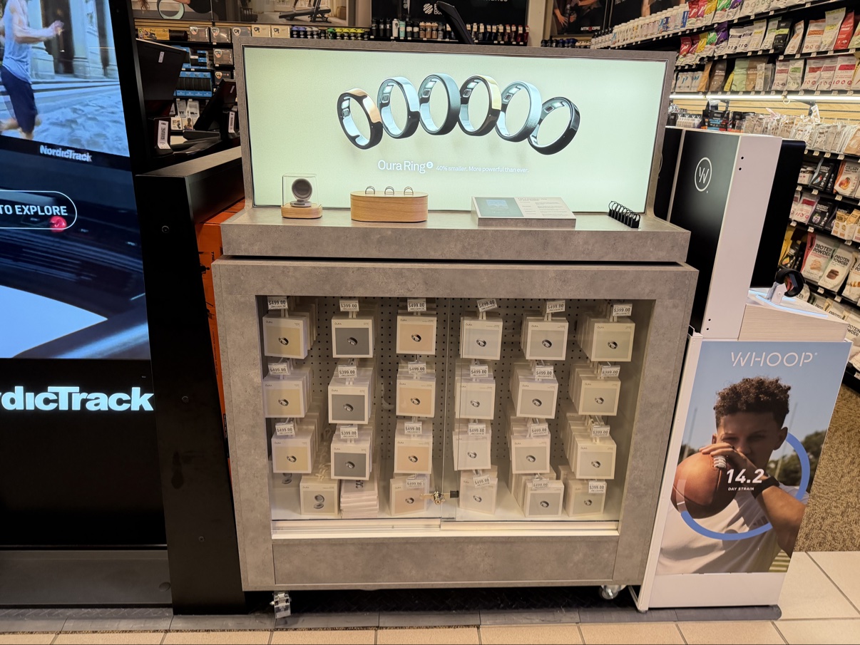 Oura Ring retail display in a sporting-goods store